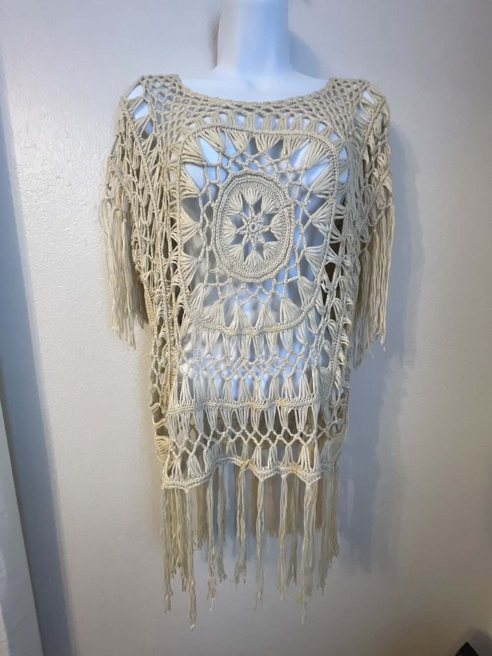 India Boutique Cream Crochet Fringe Boho Hippie Swim Cover Up Poncho Top
